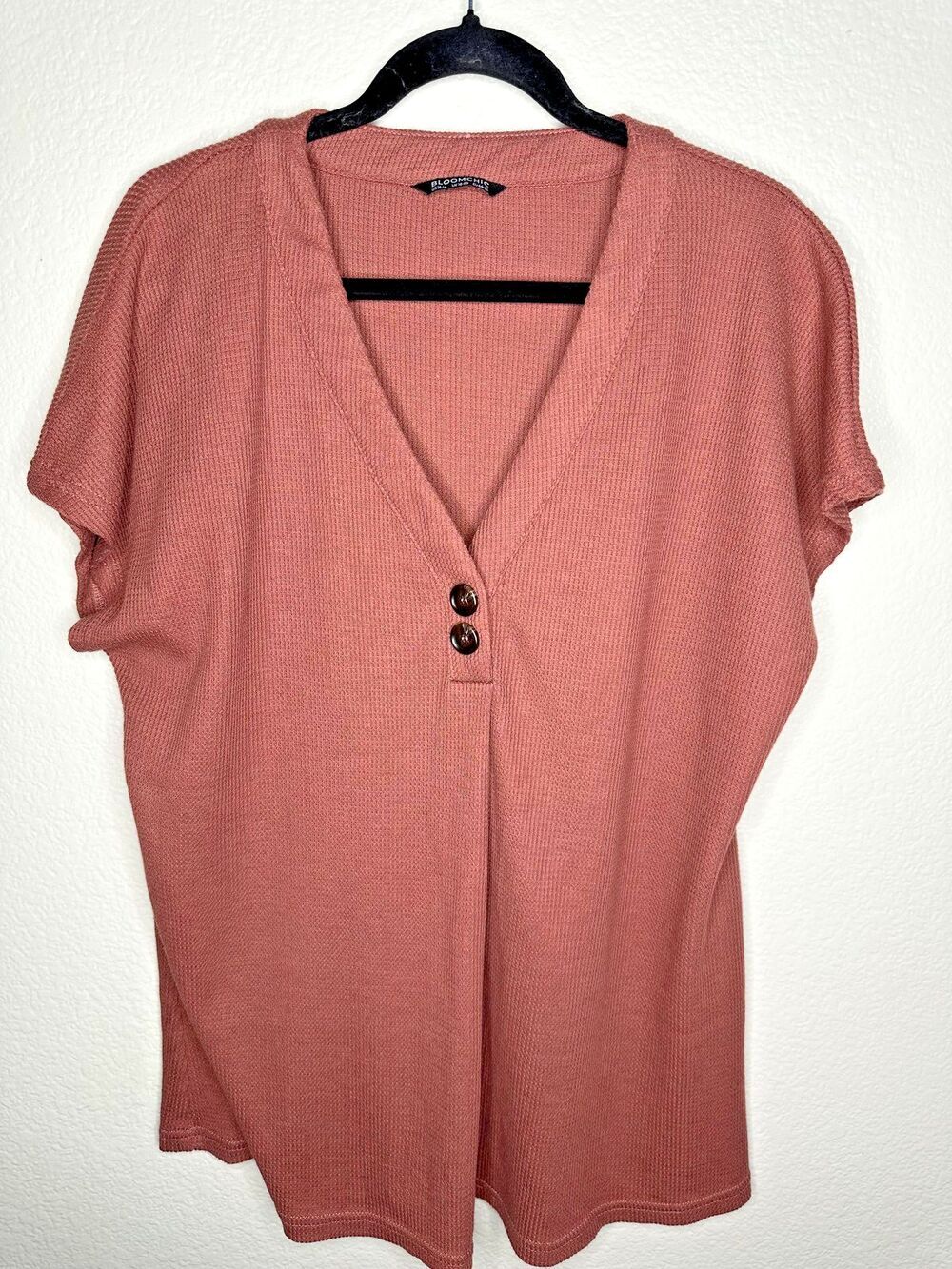 BloomChic Shirt Womens 14-16 Waffle Knit V-Neck Henley Short Sleeve Plus Mauve
